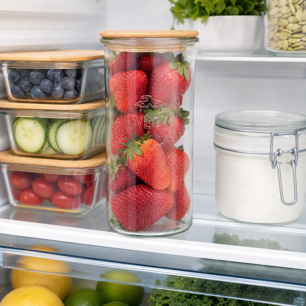 1500ml stortglas WECK RR100 met hout deksel WECK Sturzglas 1500ml RR100 mit Holzdeckel im Kühlschrank gefüllt mit frischen Erdbeeren für Frischhaltung