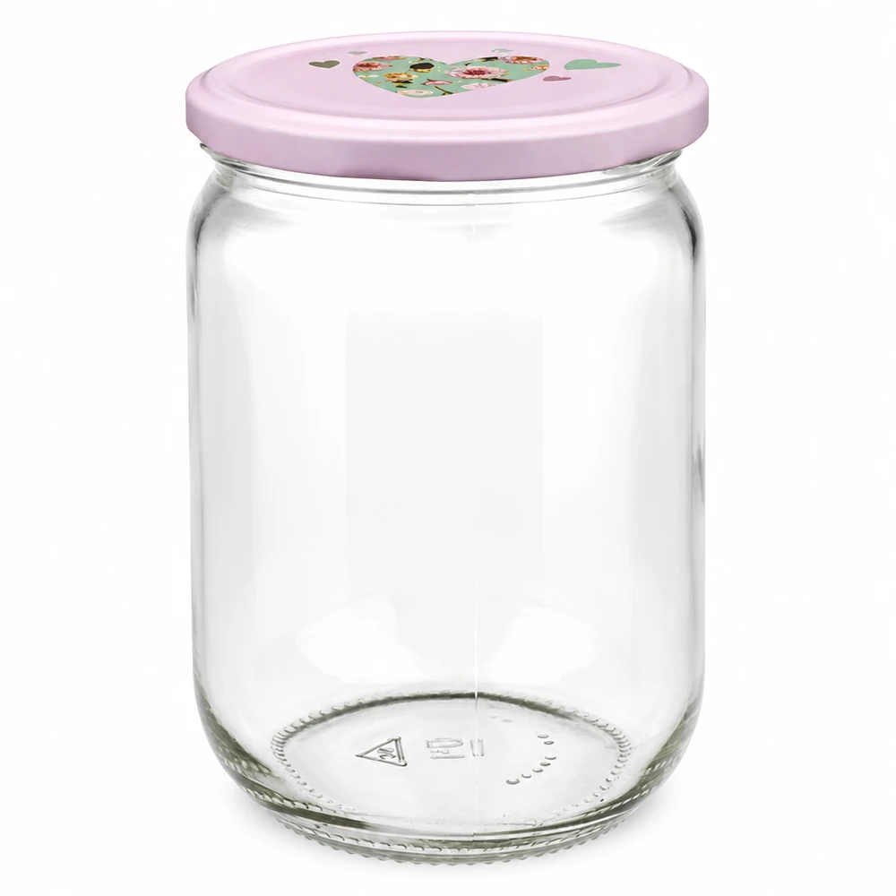 555 ml rond glazen pot + BasicSeal-deksel hartje roze UNiTWIST Inmaakpot met roze deksel in de vorm van een hart, inhoud 555 ml, van hoogwaardig helder glas