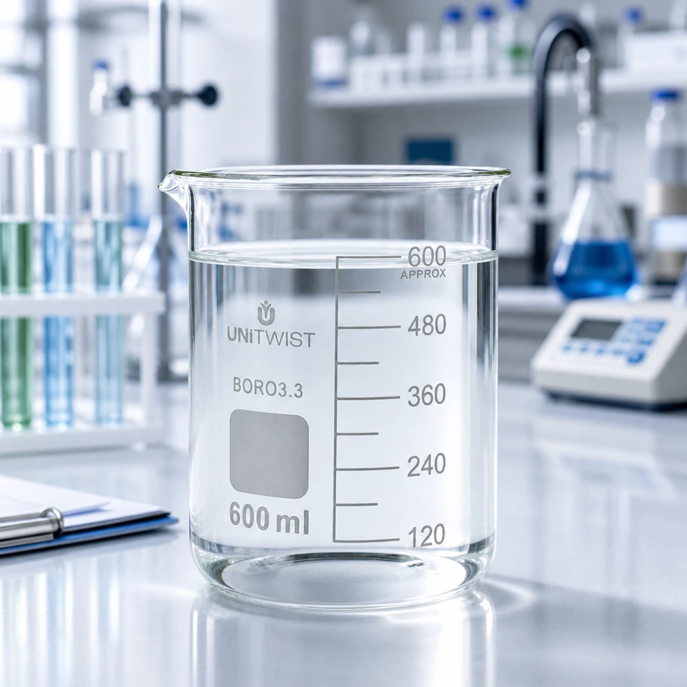 Beker 600ml borosilicaat, lage vorm UNiTWIST Laboratoriumglas met stevige handgreep, 600 ml, lage handgreepvorm, UNiTWIST, borosilicaatglas, met schenktuit