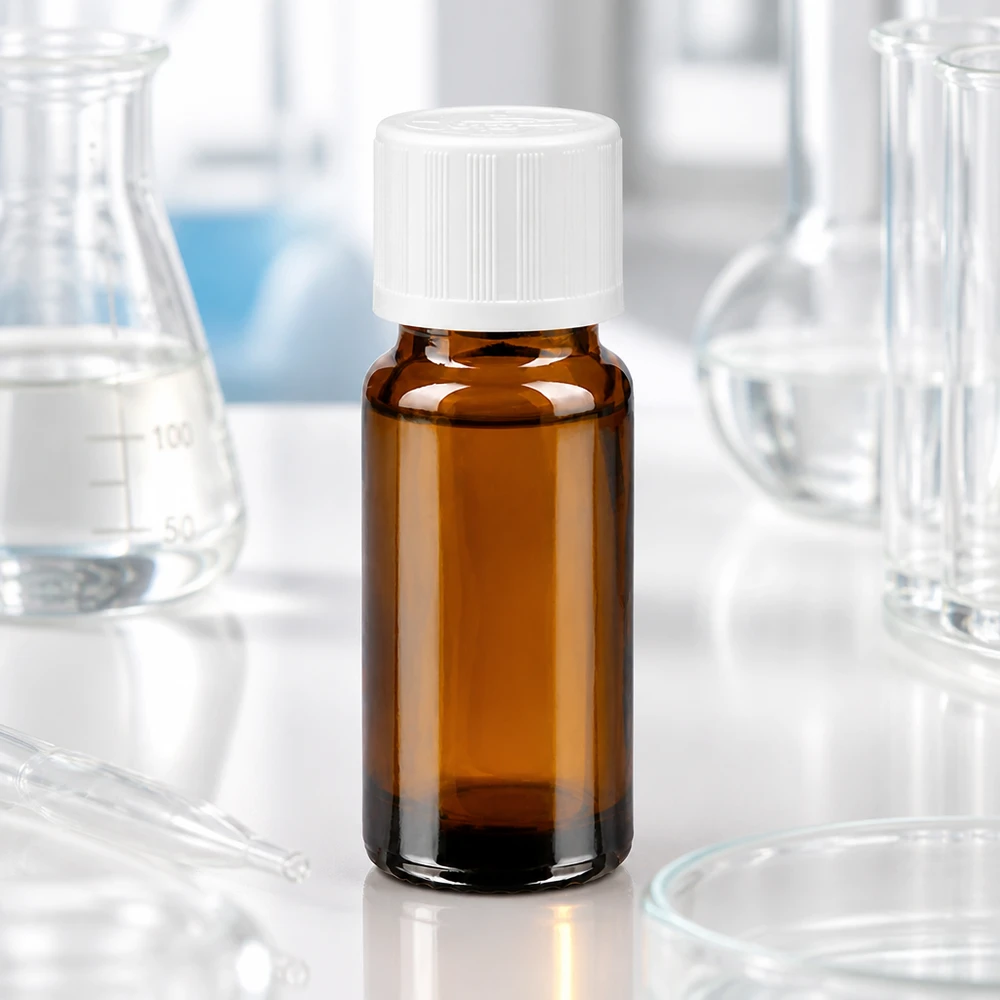 Bruine glazen fles 10ml met wit schroefsluiting kinderslot St Apothekersflesje van 10 ml, van bruin borosilicaatglas met een witte KiSi-dop van 11 mm
