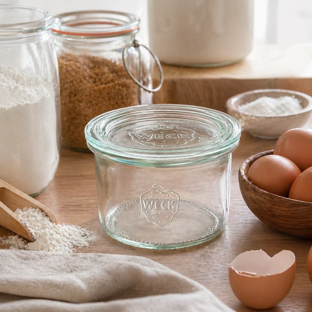 WECK 200ml RR80 mason jar met glazen deksel in een rustieke keuken tussen bakingrediënten, bloem, eieren en voorraadpotten