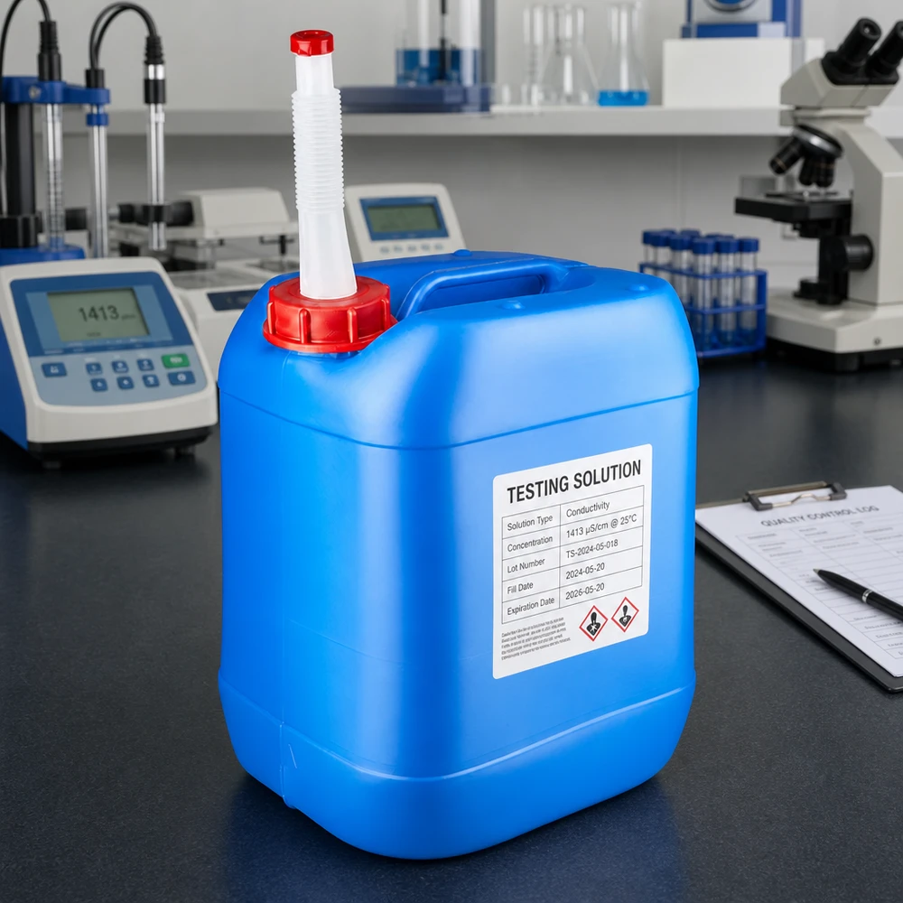 Canister 20 liter blauw met flexibele uitloop Blauwe voorraadcontainer van 20 liter met flexibele vulbuis naast een microscoop en een meetapparaat