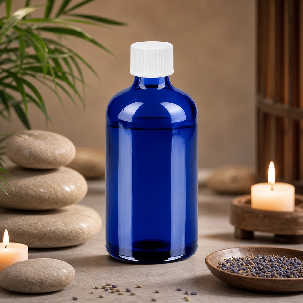 100ml fles 11mm SV wit STD BlueLine UT18/100 Stijlvolle kobaltblauwe fles van 100 ml past perfect bij elke wellnessuitrusting en spa-sfeer