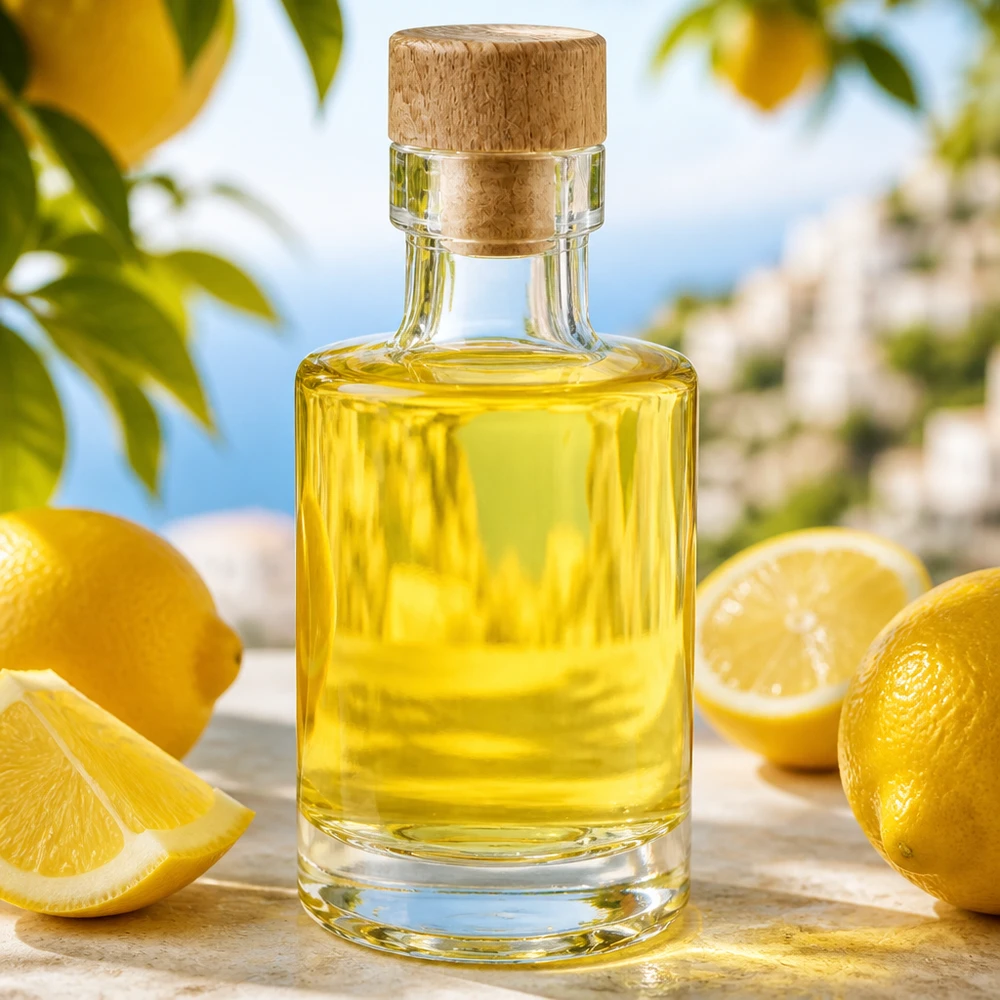 100ml glazen fles Marie met houten kurk gevuld met gele olie omringd door citroenen in een mediterrane sfeer