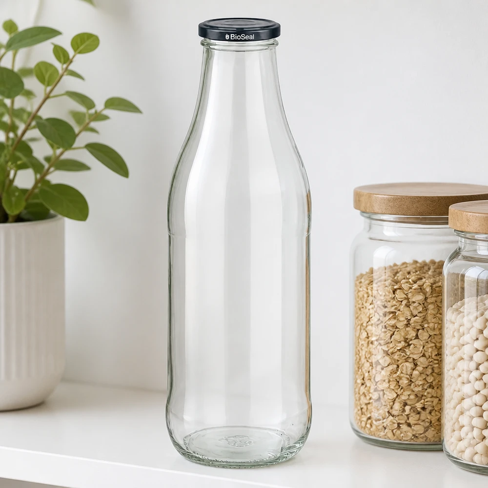 1000ml glazen fles BioSeal deksel zwart keukenplank havermout wit bonen voorraadpotten houten deksel plant