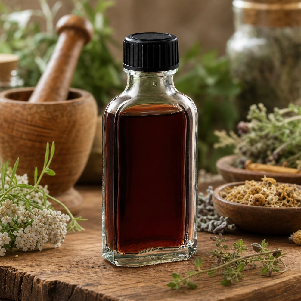 50 ml witte meplatfles met DIN 22 monding, inclusief schroefsluiting DIN 22 zwart van LKD Doorzichtige glazen fles Meplat 50 ml met lekvrije dop, omgeven door gedroogde geneeskrachtige planten