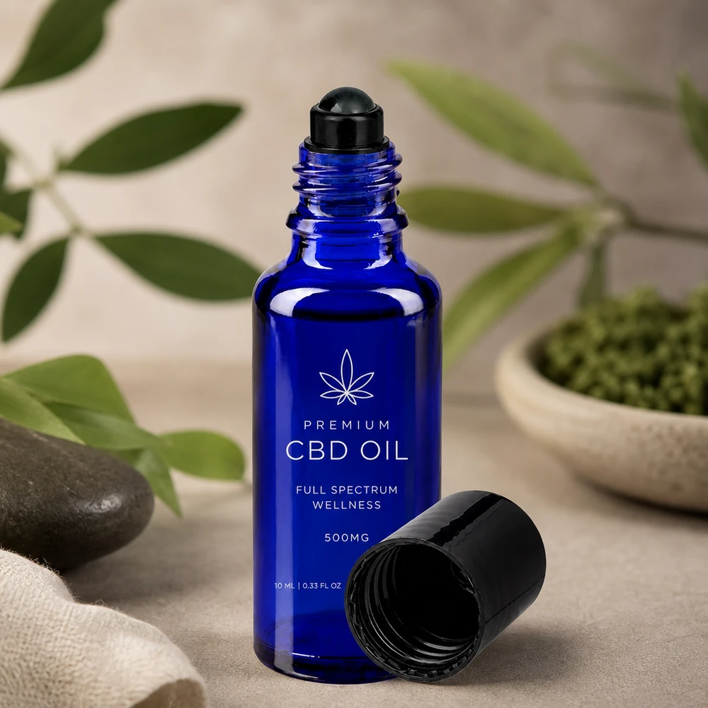 Premium CBD-olie in een blauw roll-on-apothekersflesje met 500 mg full-spectrum-inhoud