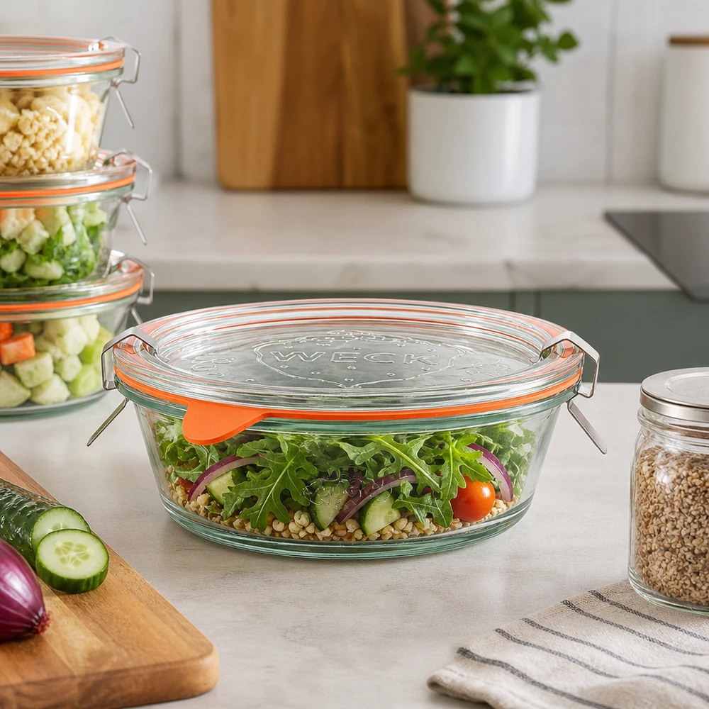 WECK gourmetpot 300ml RR120 gevuld met verse salade op keukenblad, glazen maaltijdcontainer