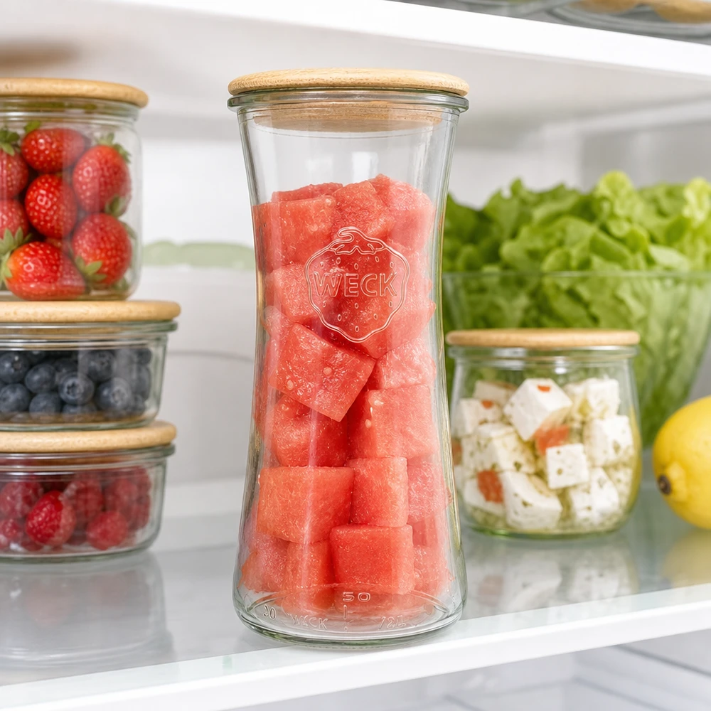 WECK voorraadpot 700ml RR80 gevuld met watermeloen in de koelkast tussen verse bessen en salade