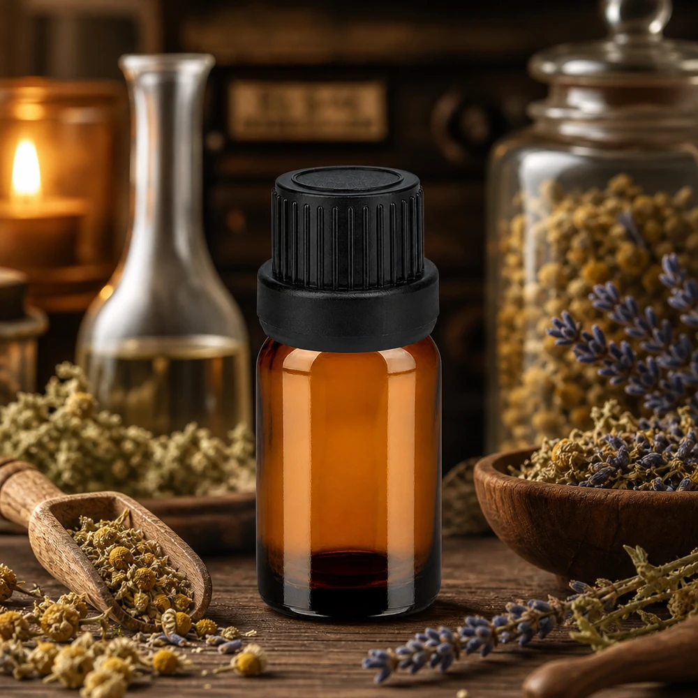 Amberkleurig glazen flesje 5ml van hoge kwaliteit met UV-bescherming en zwarte schroefdop voor natuurlijke cosmetica