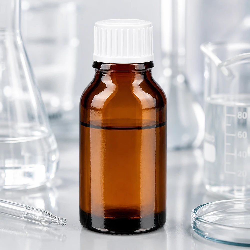 Farmaceutisch bruinglasflesje van 15 ml met schroefdop naast een Erlenmeyer-kolf