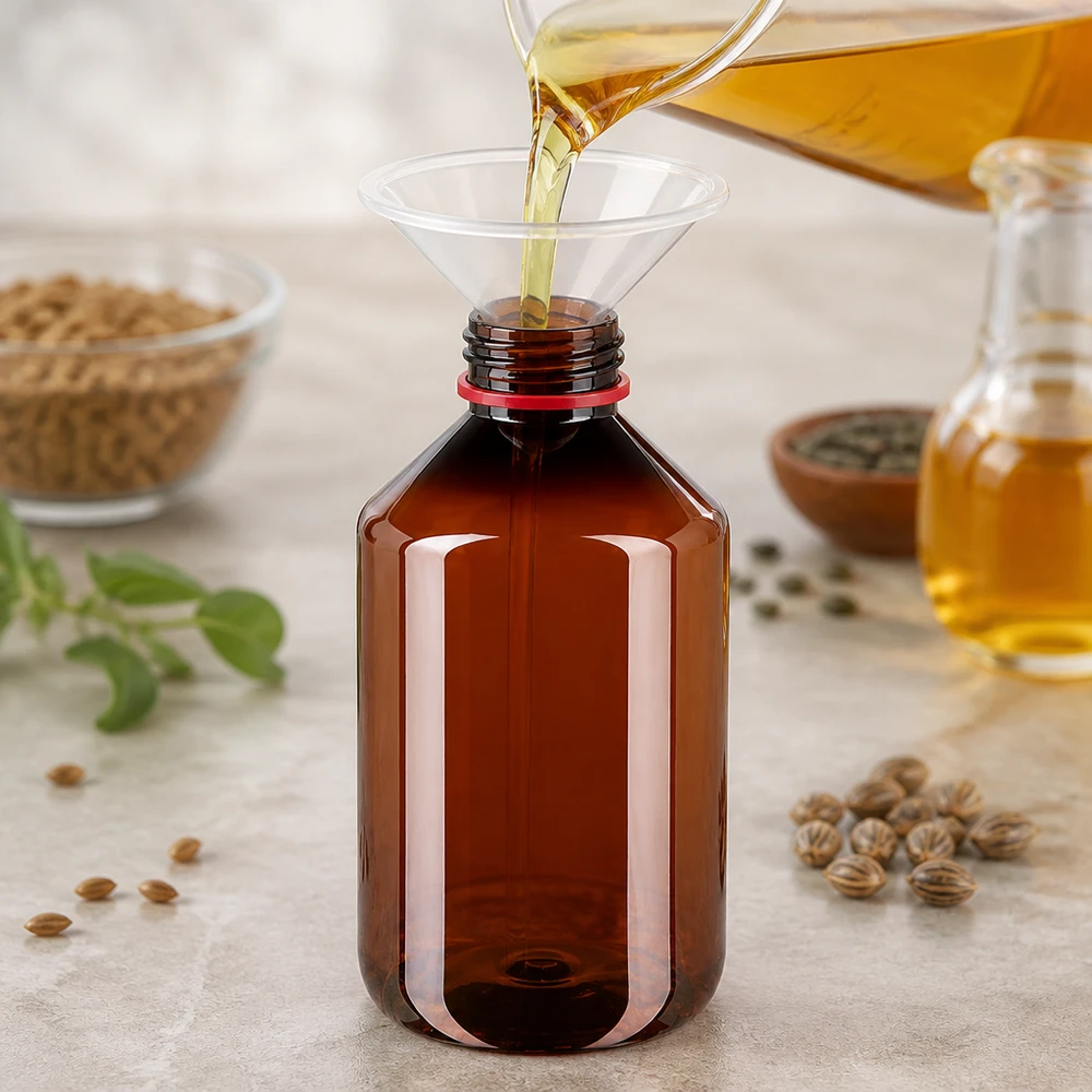 PET-fles 500ml met wit/rode dop OV Bruine ronde PET-fles van 500 ml met smalle schroefhals en rode verzegeling
