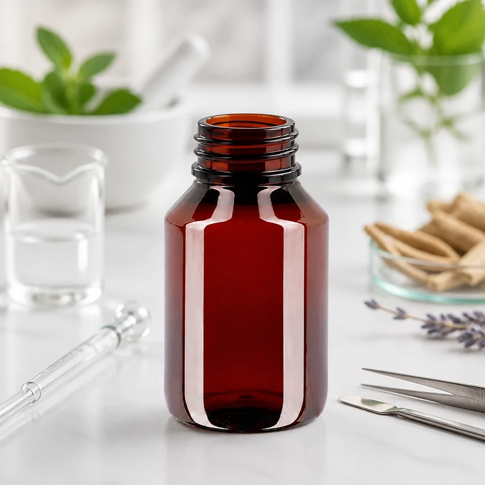 PET-fles 50ml met wit/rode dop OV Cilindrische PET-fles van 50 ml in donkerbruin met een brede schroefdop voor eenvoudig vullen