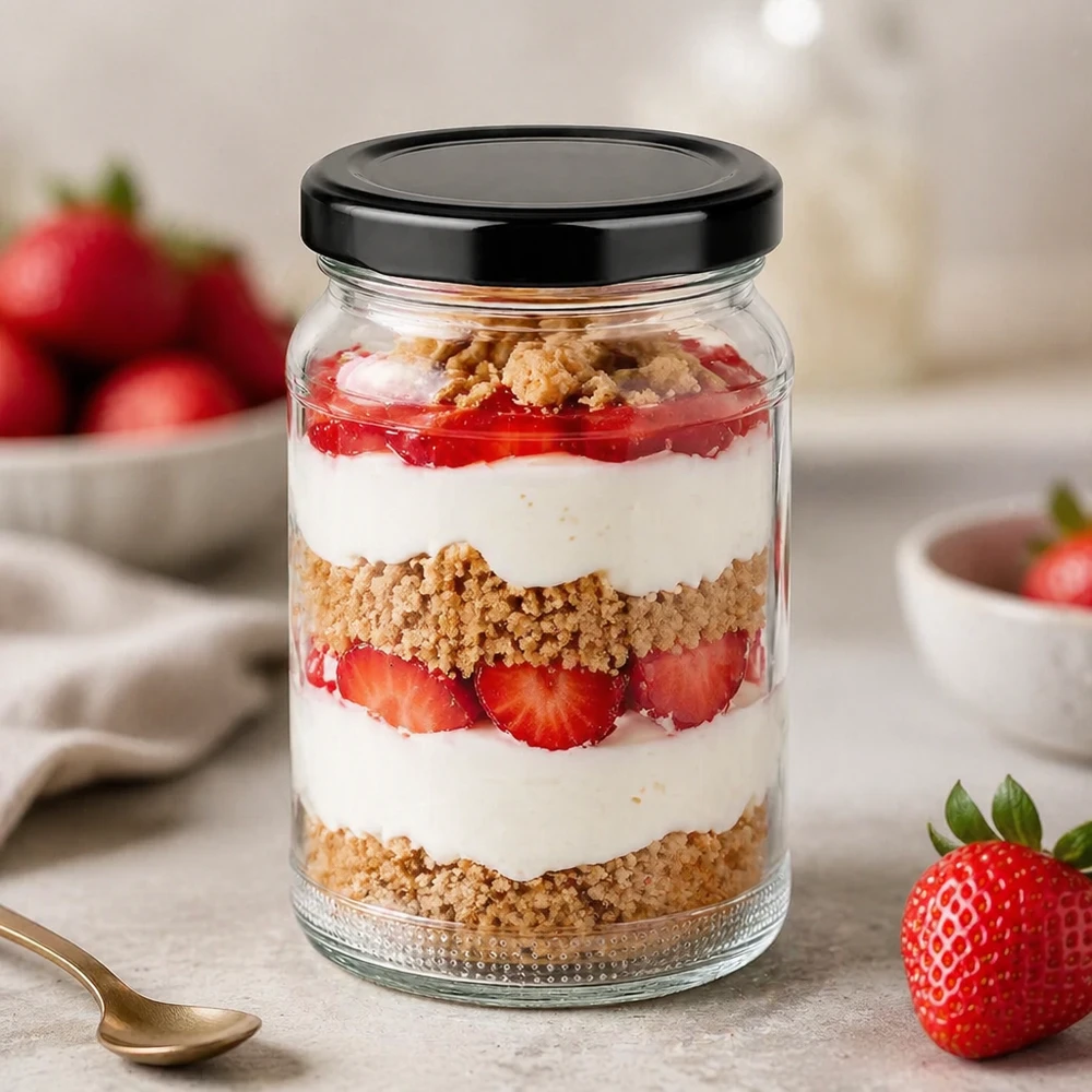 UNiTWIST 110 ml ronde glazen dessertpot met aardbeien en room gelaagd dessert en zwart TO48 BasicSeal deksel