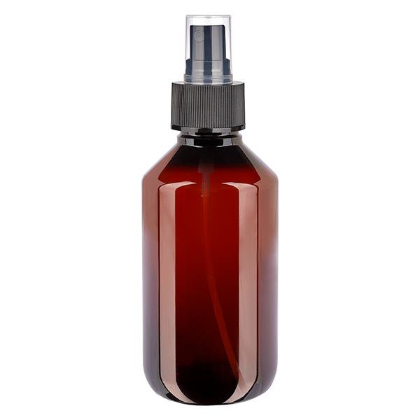 200 ml PET medicijnfles met verstuiver zwart GCMI 28/410 incl. dop transparant, standaard 200 ml PET medicijnfles met verstuiver zwart GCMI 28/410 incl. dop transparant, standaard