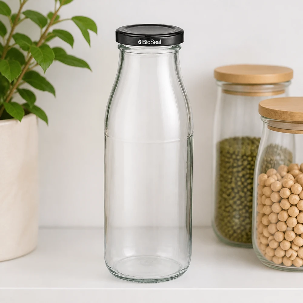 500 ml glazen fles met zwart BioSeal deksel in keukenomgeving naast voorraadpotten met peulvruchten en planten