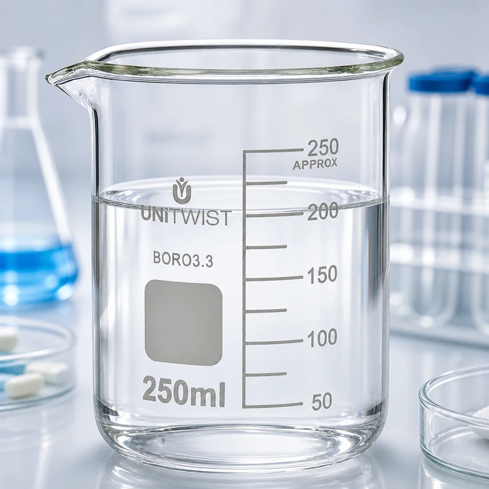 Beker 250ml borosilicaat, lage vorm UNiTWIST Doorzichtig, hittebestendig bekerglas van 250 ml, BORO 3.3, lage vorm, voor chemische laboratoriumtoepassingen
