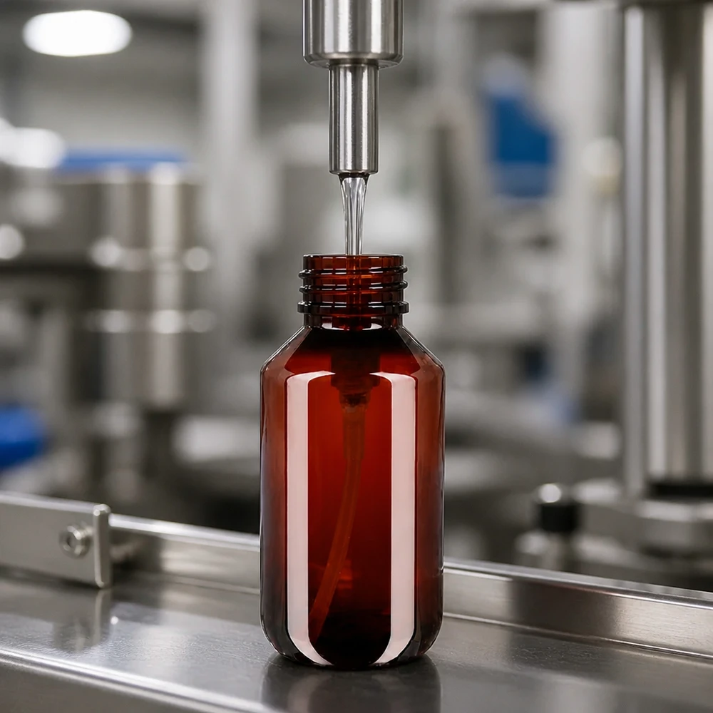 200 ml PET medicijnfles met wit dispenserpomp, standaard Lichtschutzflasche 200ml aus PET-Kunststoff beim industriellen Abfüllvorgang mit Edelstahlanlage