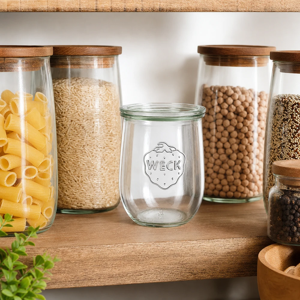 WECK tulpvormige voorraadpot 1062ml keukenkast voorraadkast gevuld met pasta rijst peulvruchten houten plank