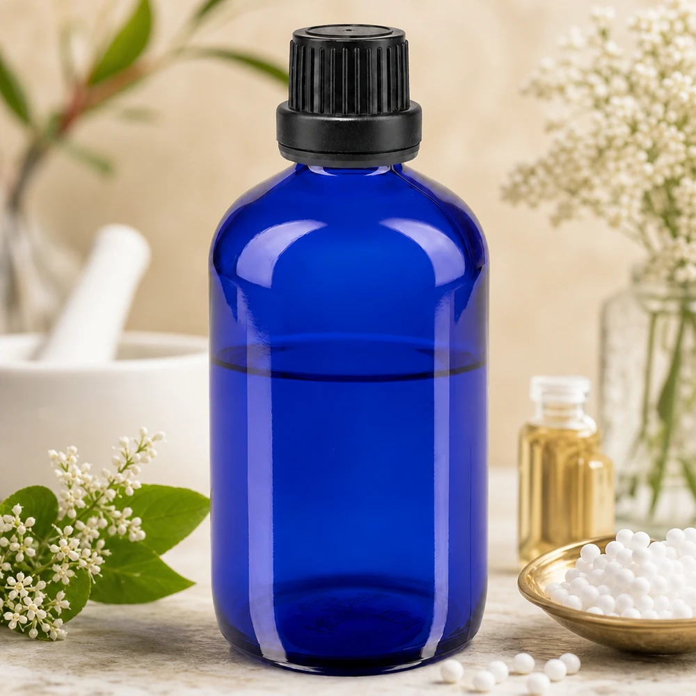 Cilindrische blauwe glazen fles van 100 ml met een zwarte kunststof dop en UV-bescherming