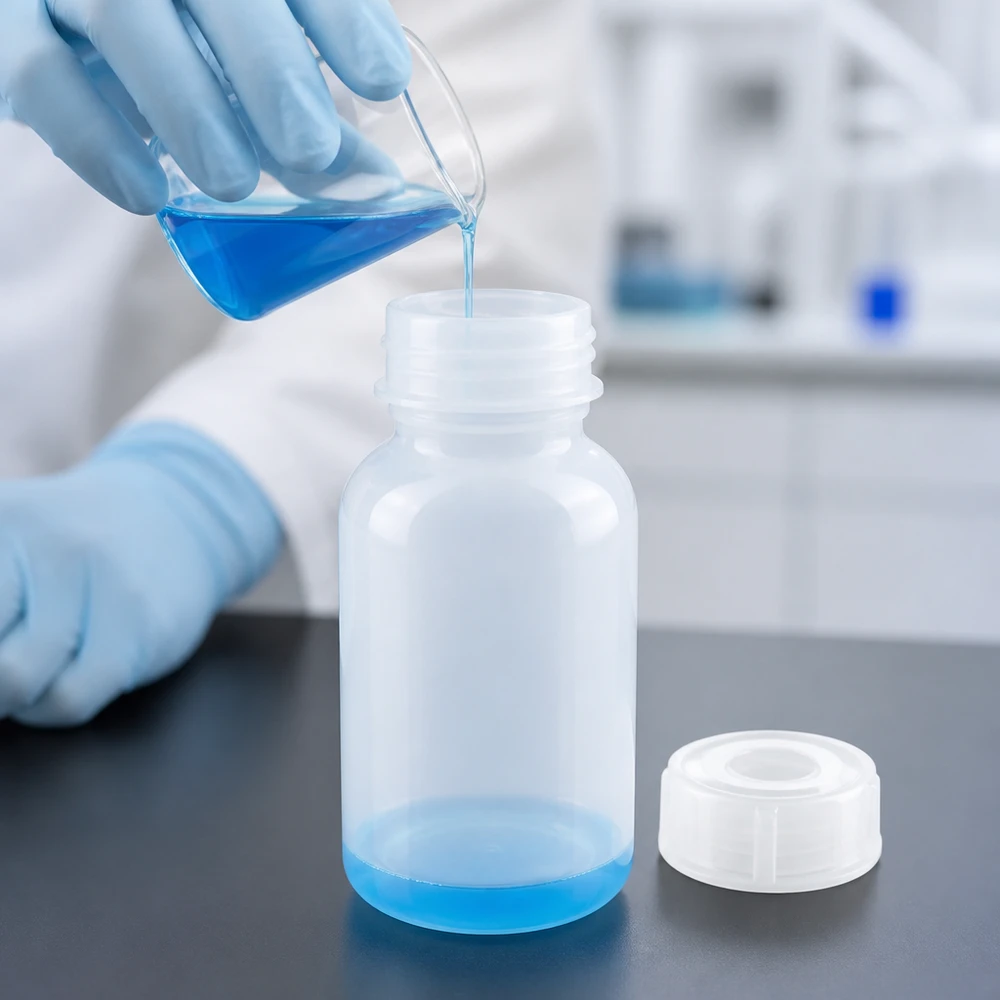 Wijde hals laboratoriumfles 100ml met sluiting Veilige opslag van chemicaliën in een laboratoriumfles met wijde hals van 100 ml en een goed sluitende schroefdop in het laboratorium