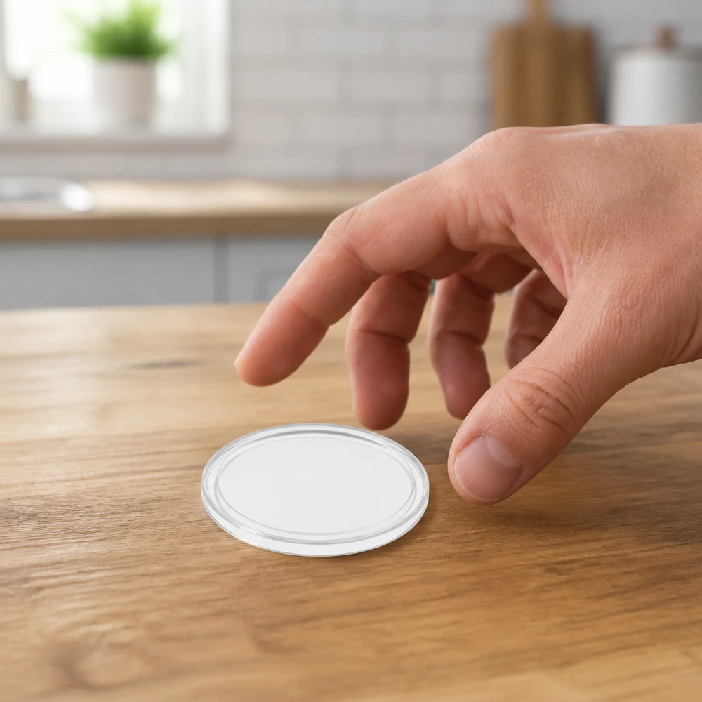 Een hand pakt een wit 70 mm Twist-Off-deksel van BasicSeal op een lichte houten tafel
