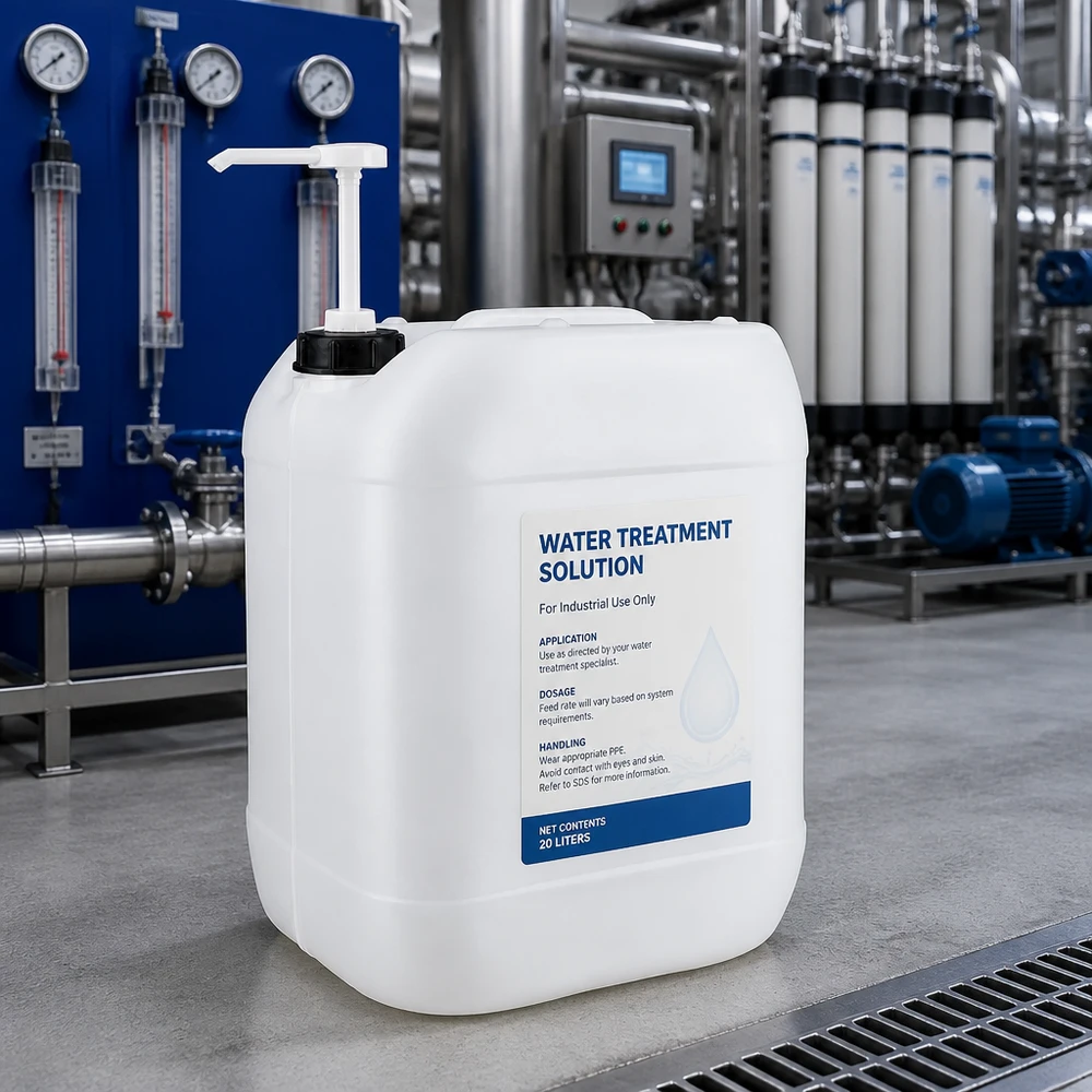 20l Jerrycan, UN-toelating, met doseerpomp Jerrycan van 20 liter met doseerpomp voor waterbehandelingsmiddel in een industriële omgeving
