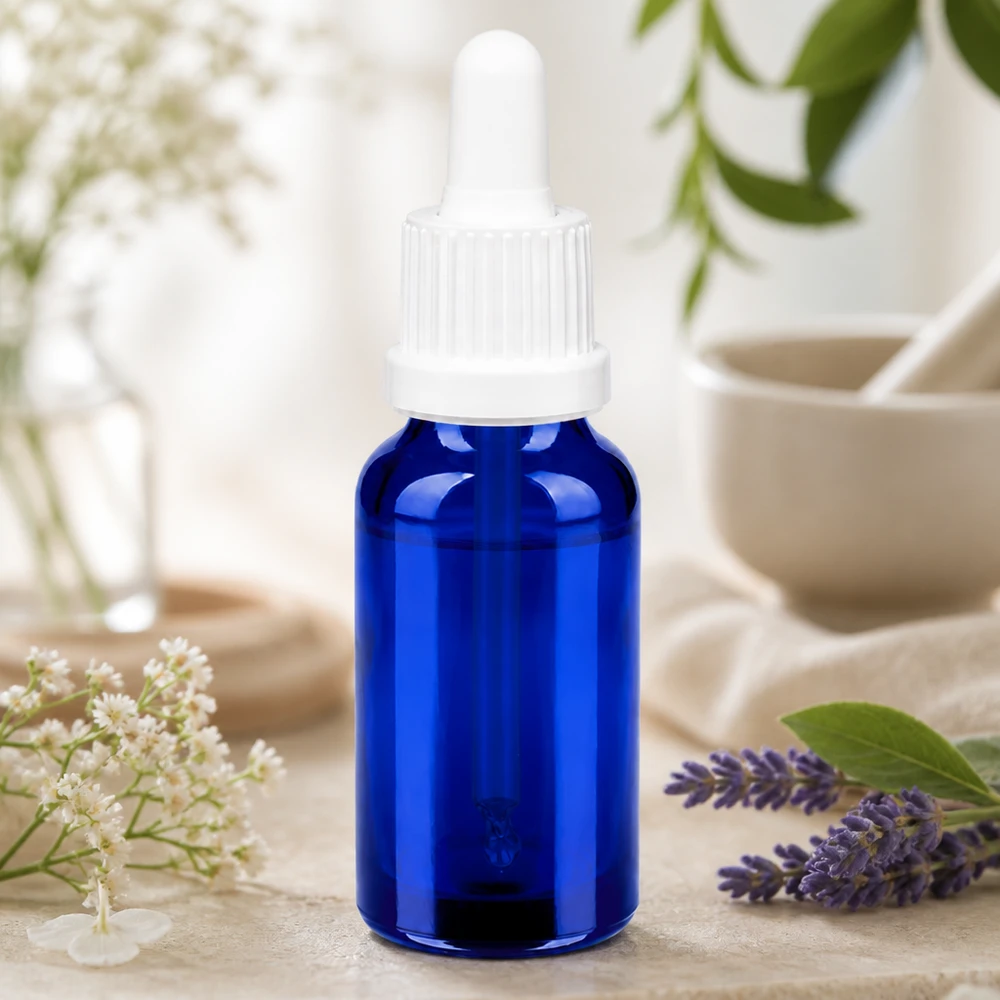 20ml pipetfles wit OV BlueLine UT18/20 Apothekersfles 20ml van blauw glas met nauwkeurige doseerpipet voor laboratoriumtoepassingen