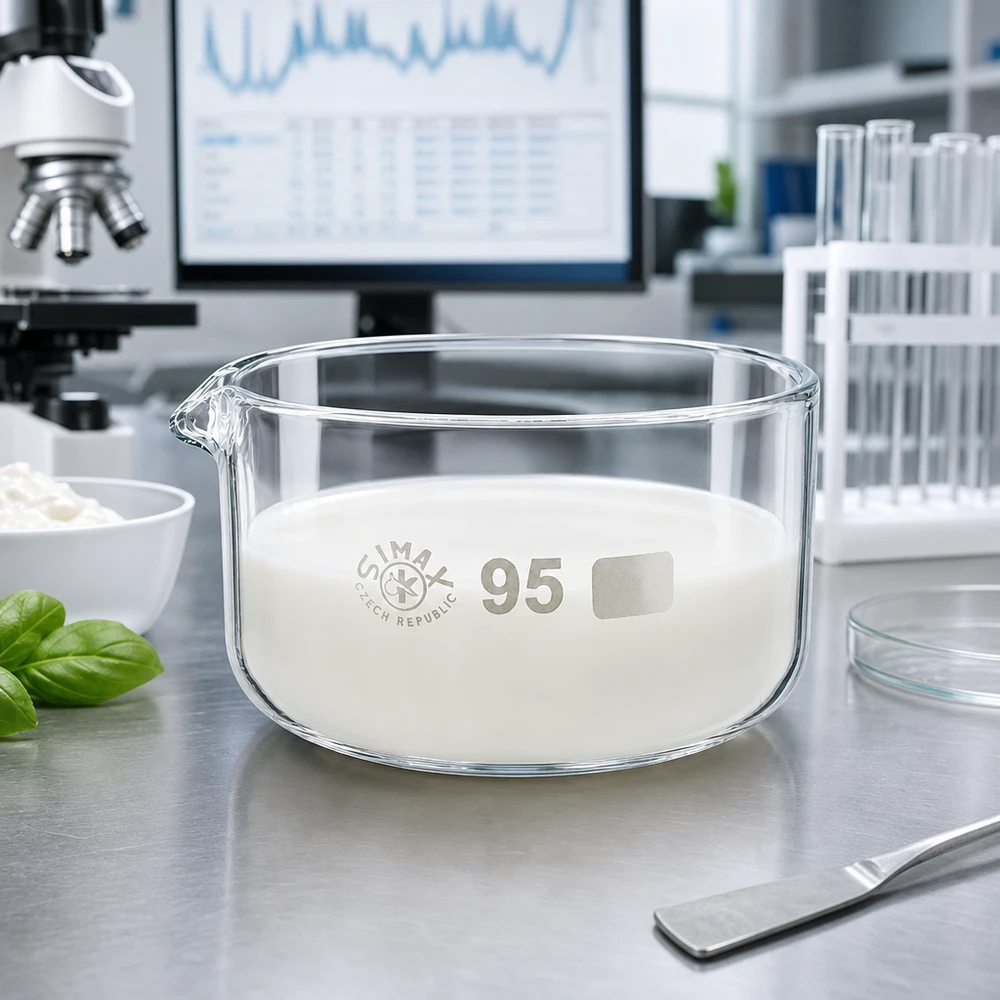 Kristalliseerschaal 300ml met schenktuit Doorzichtige kristallisatieschaal gevuld met wit poeder, 300 ml, laboratoriumglaswerk, ø 95 mm, SIMAX