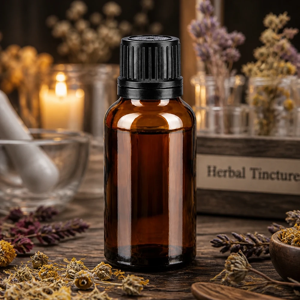 Lichtbestendige fles van 20 ml van apothekersglas met zwarte buitenverpakking, omringd door geneeskrachtige kruiden en bloemen