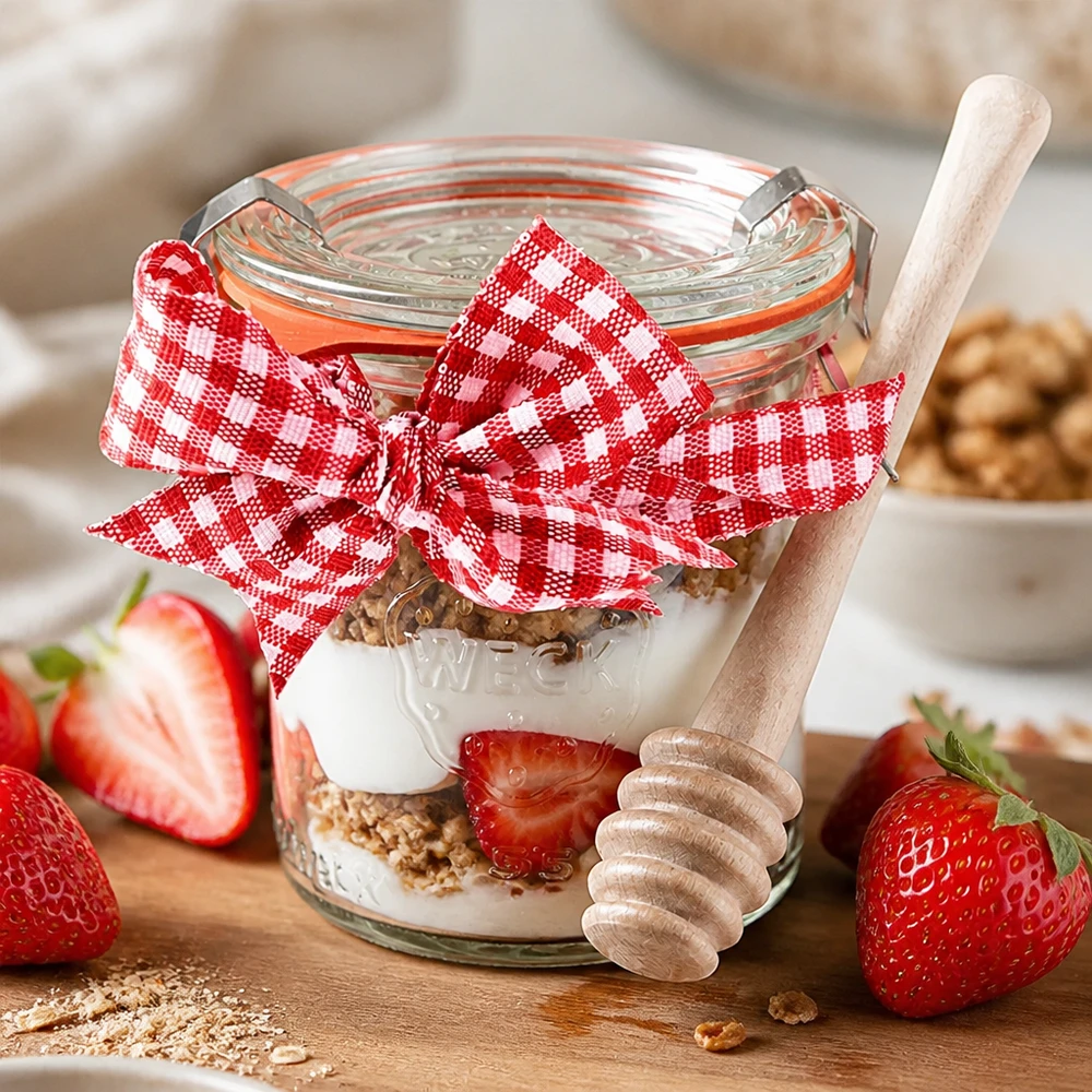 WECK mini mason jar 140ml yoghurt muesli aardbeien gelaagd dessert honing lepel hout Vichy strik rood wit