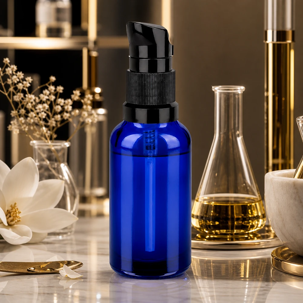 Handige 30 ml pompflacon van blauw glas, perfect voor antiverouderingsserums