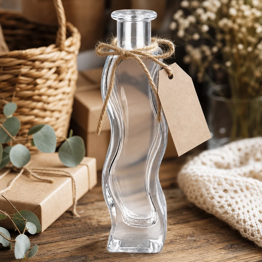 100 ml glazen fles Melissa zonder sluiting UNiTWIST® Glazen fles Melissa 100 ml met hanger van kraftpapier en jute koord gedecoreerd in een rustieke sfeer met eucalyptus