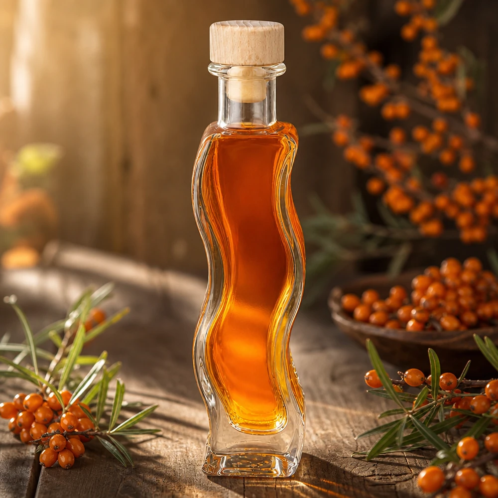 100 ml glazen fles Melissa met houten handgreepkurk UNiTWIST® Glazen fles Melissa 100ml gevuld met duindoorn olie tussen duindoorn takken natuurlijke decoratie houten kurk
