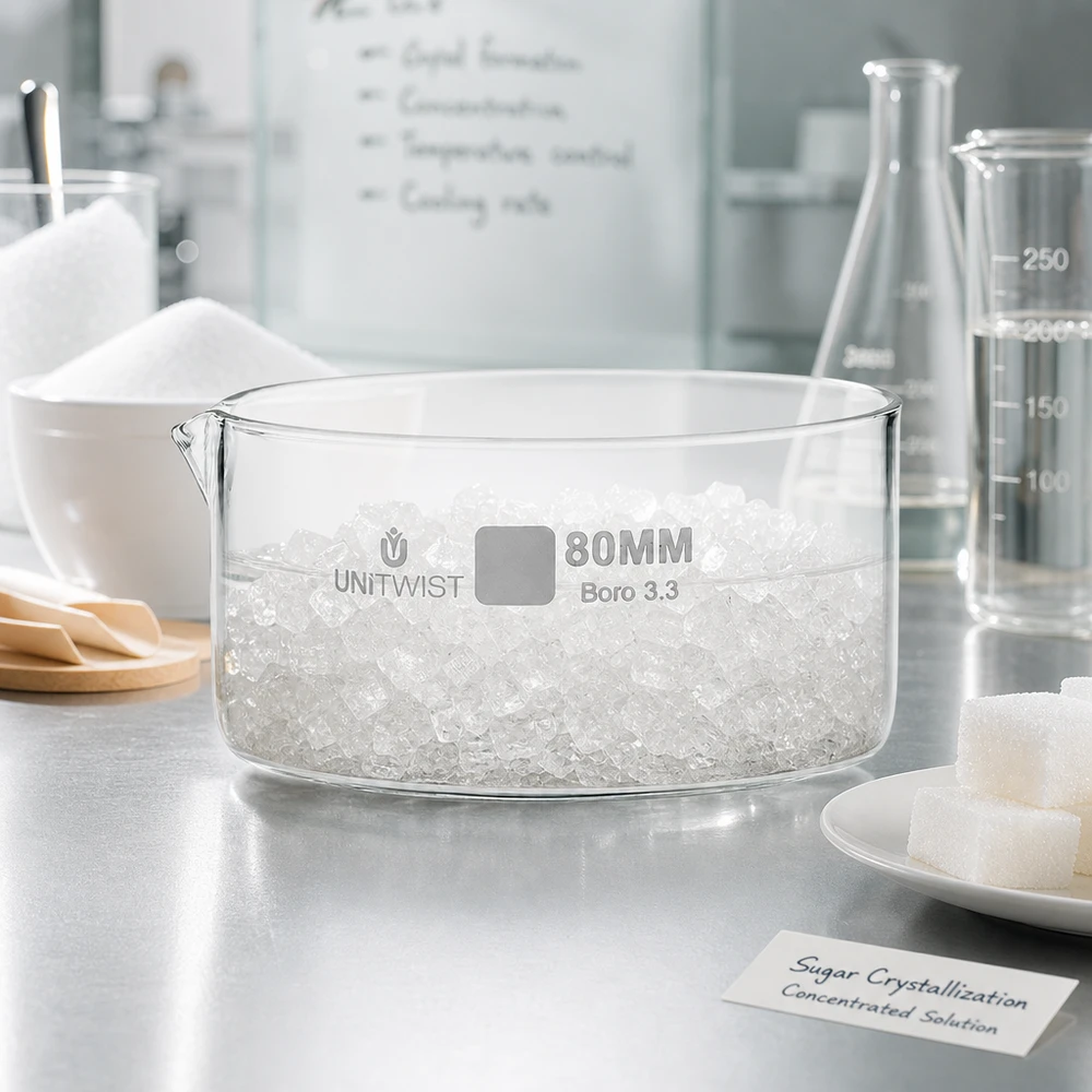 Kristalliseer schaal ø80mm borosilicaatglas UNiTWIST UNiTWIST kristallisatieschaal ø80 mm, borosilicaatglas, gevuld met witte zoutkristallen