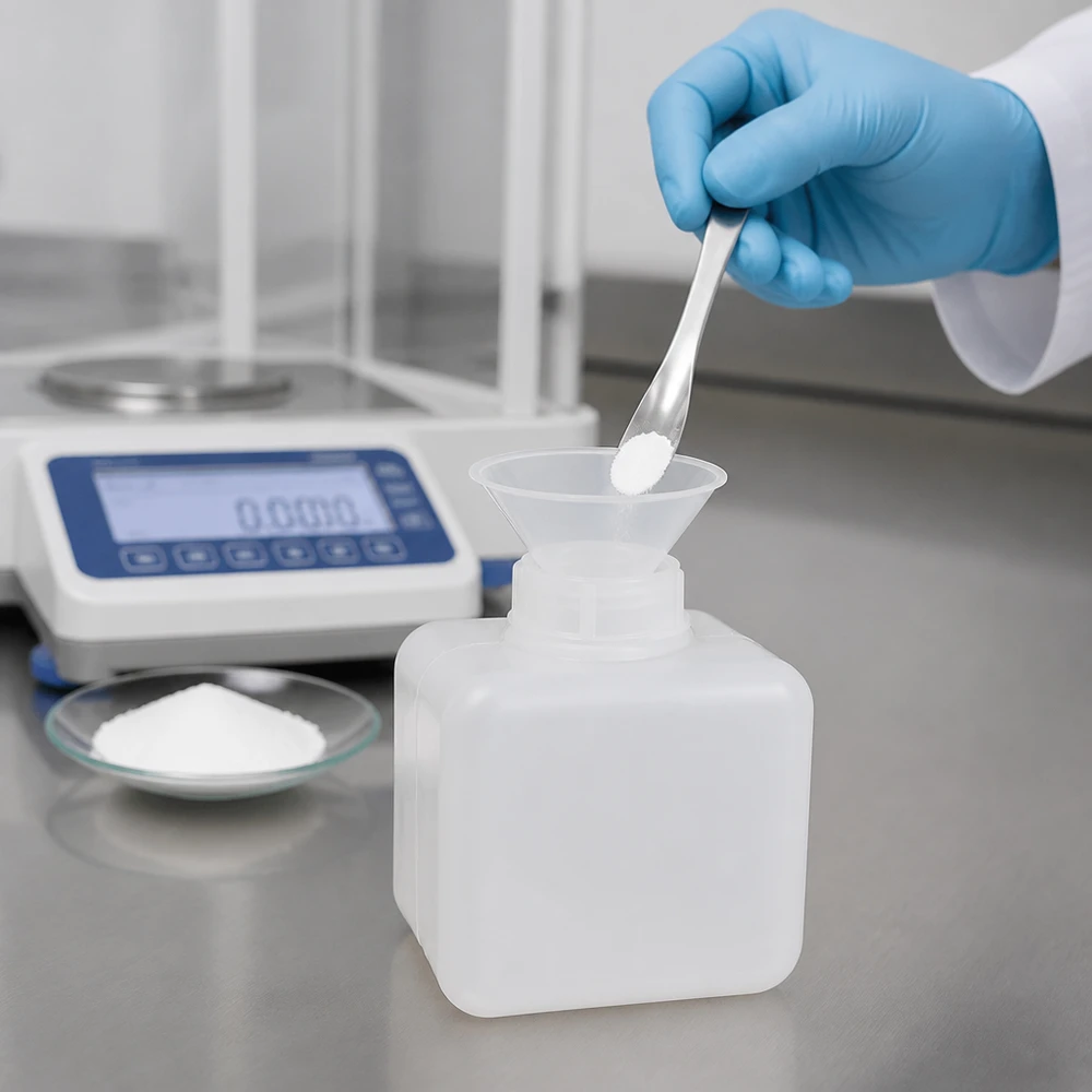 Chemicaliefles van 500 ml, PE-HD, smalle hals, bij het professioneel afvullen van poeder, met een laboratoriumweegschaal op de achtergrond