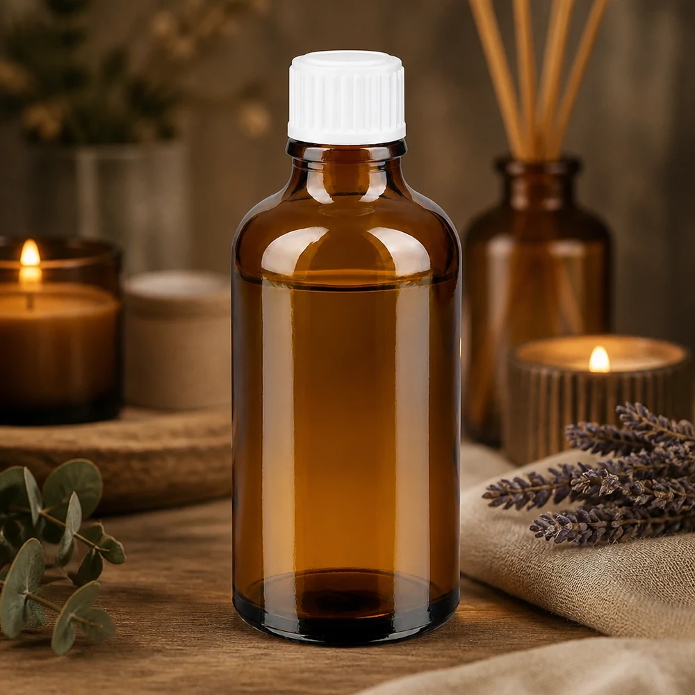 Donkere apothekersfles van borosilicaatglas, 50 ml, met witte kunststof dop, in spa-stijl
