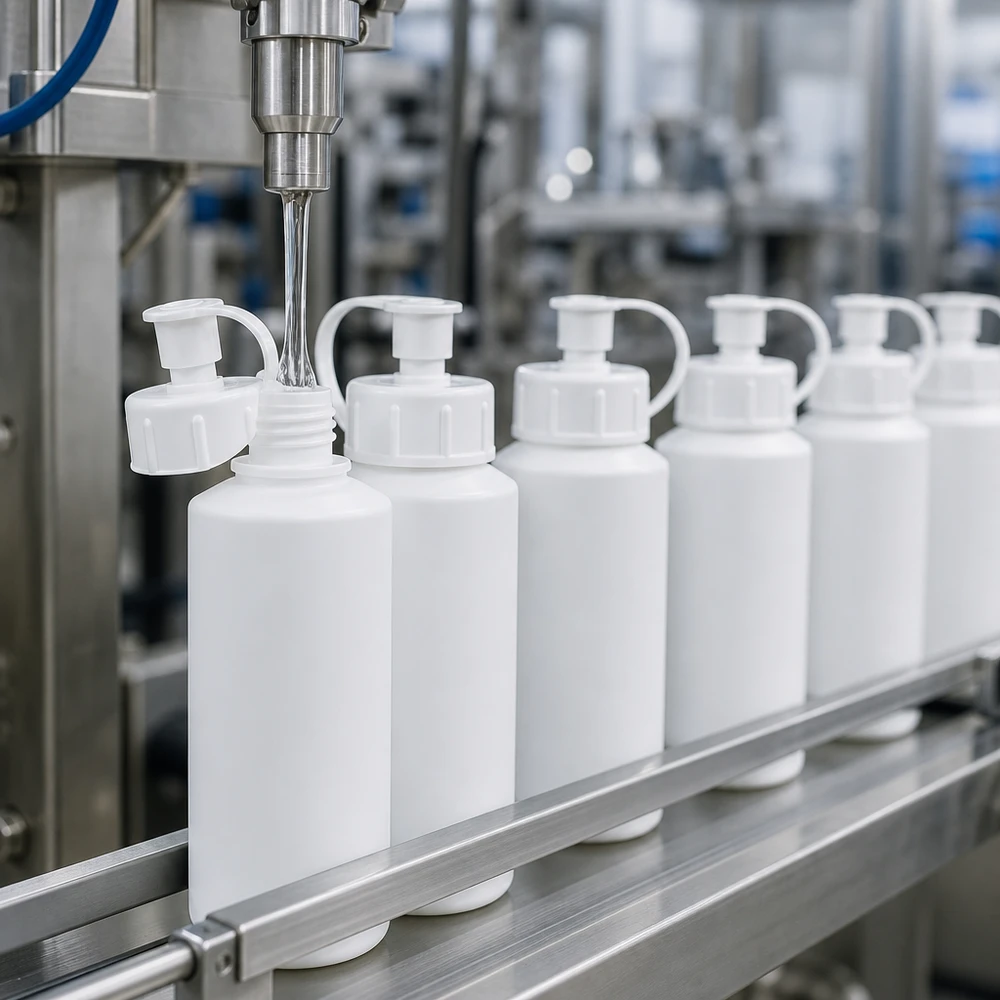 PET cilinderfles 30ml wit met sproeisluiting wit Industriële productie van witte HDPE-apotheekflesjes van 30 ml met spuitdop, cleanroom