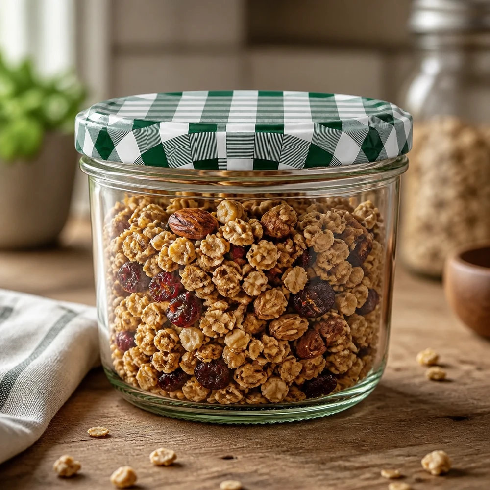 Voorraadpot 230ml gevuld met muesli noten BasicSeal deksel groen-wit geblokt voorraadpot keuken houten tafel