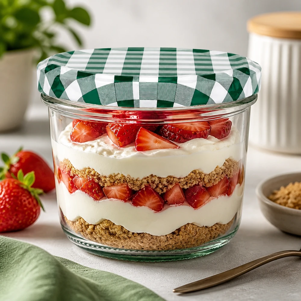 230ml dessertpot aardbei trifle gelaagd dessert BasicSeal deksel groen en wit geblokt dessert keuken