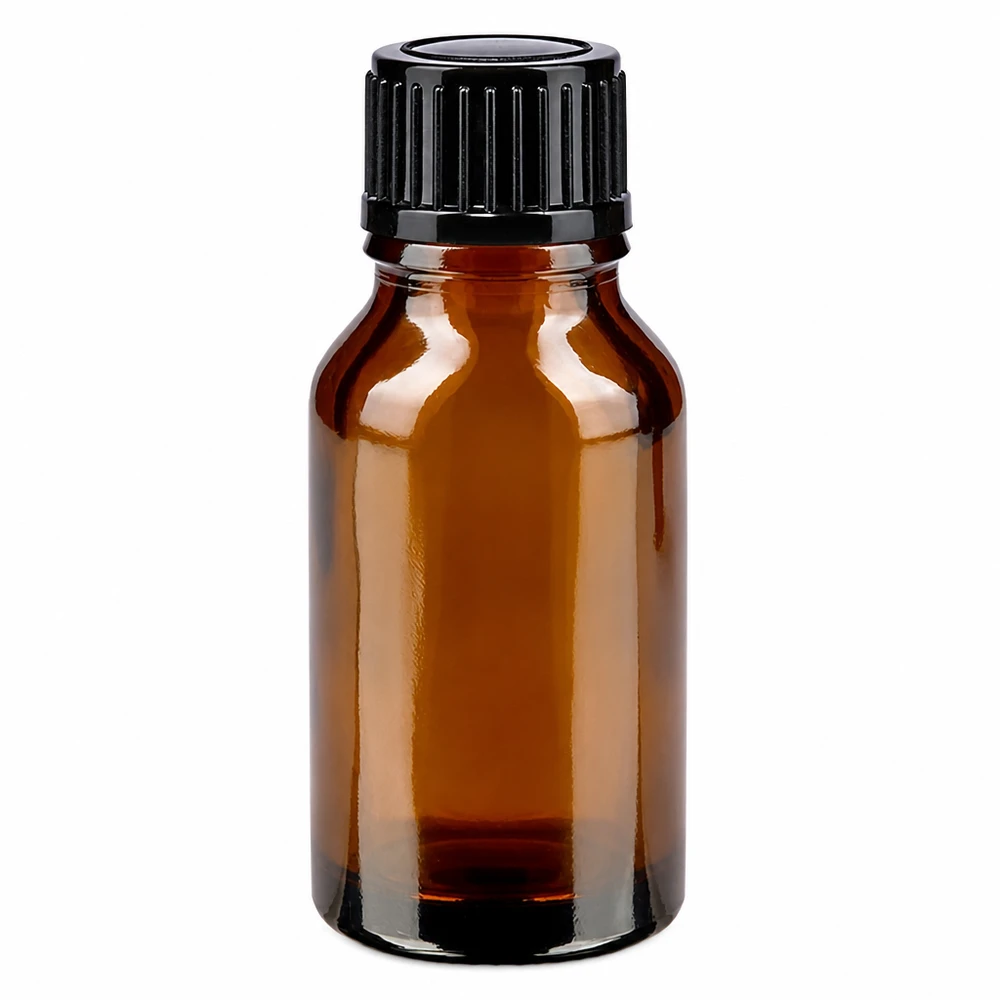 Bruine glazen fles van 15 ml met zwarte schroefdop en druppelaar van 1 mm