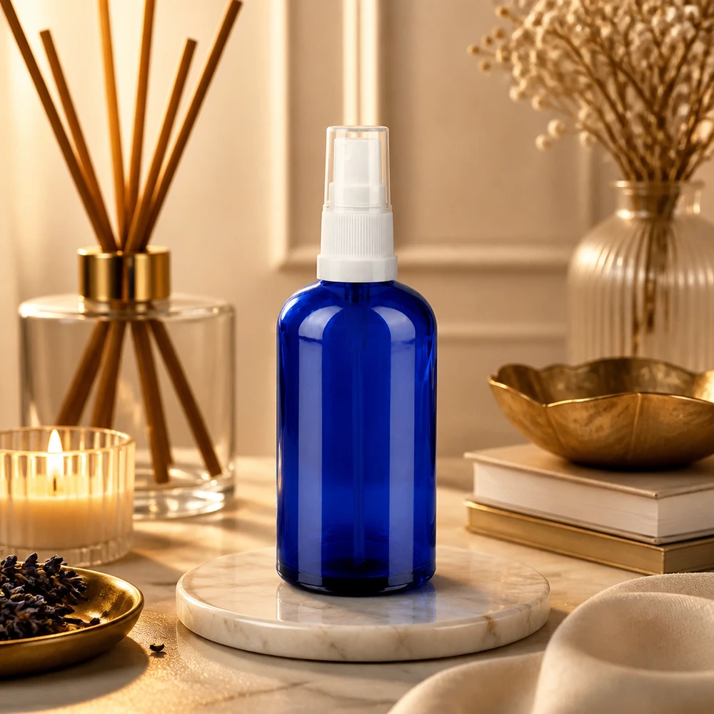 100ml sprayflacon wit/tr. STD BlueLine UT18/100 100 ml glazen fles met sproeipomp in elegante blauwe kleur voor hoogwaardige cosmetische producten