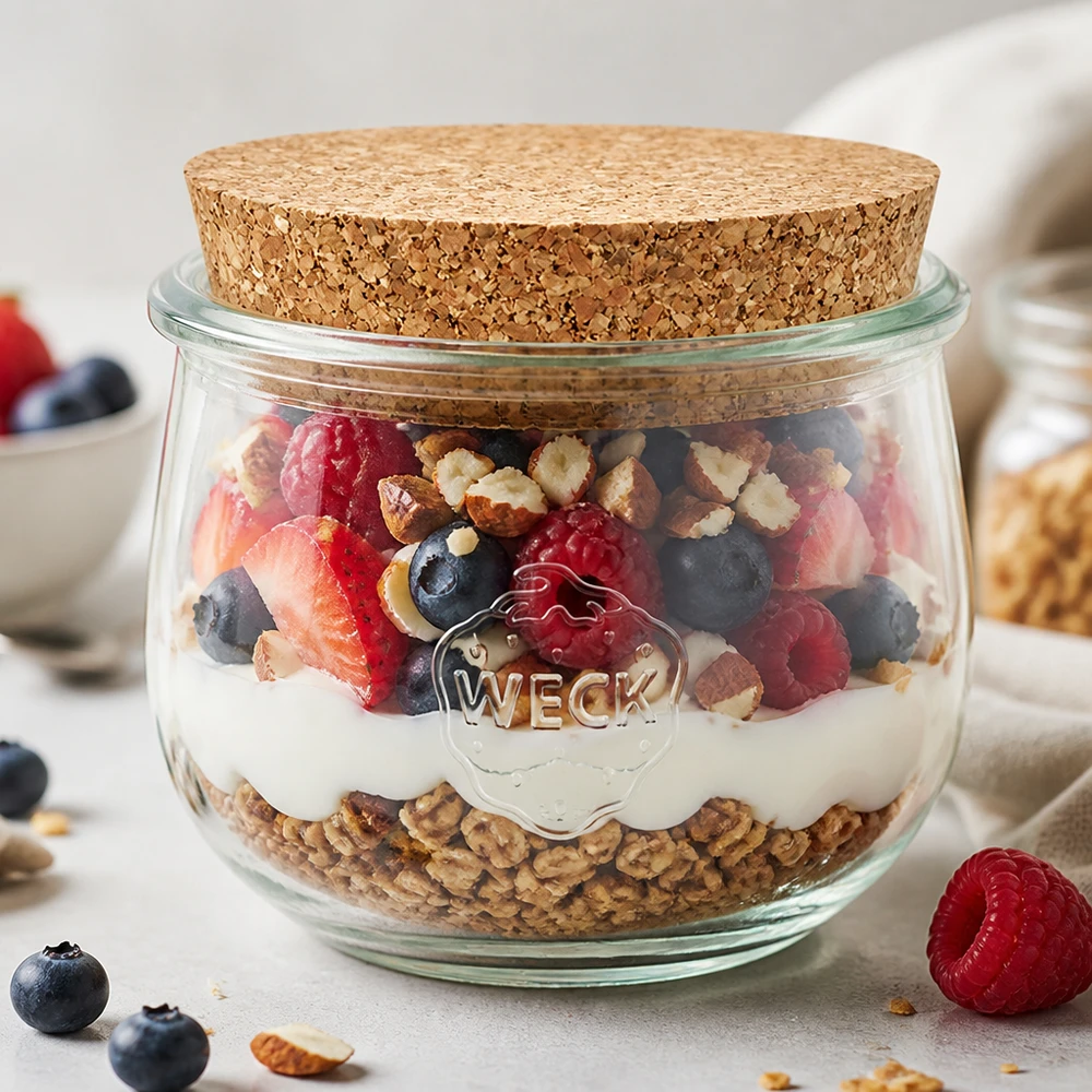 WECK tulp pot 580ml met kurken deksel als muesli pot gevuld met yoghurt, bessen en noten Ontbijt in een potje