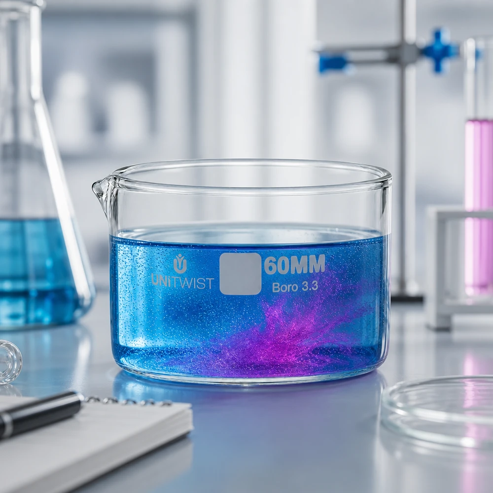 Vlakke laboratoriumschaal UNiTWIST Boro 3.3 met blauwe vloeistof en paarse strepen – detailbeeld