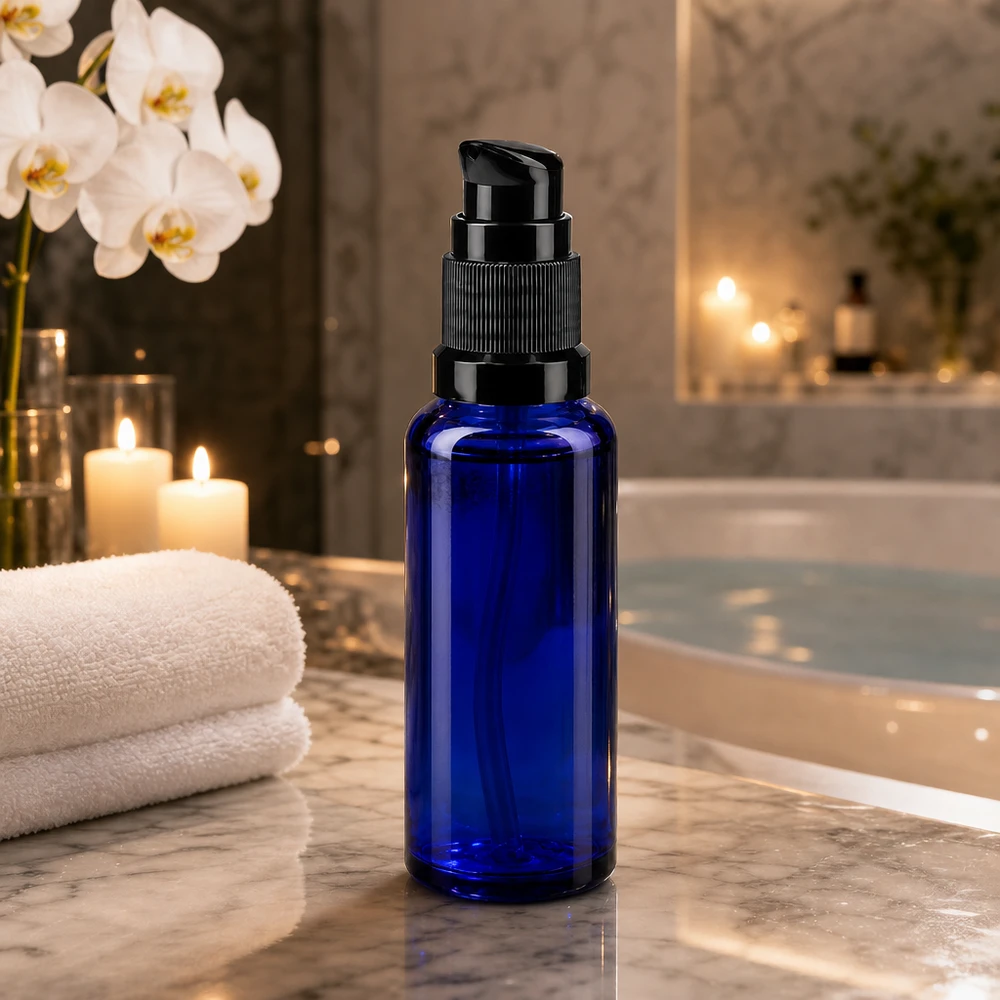 Kleine blauwe glazen pompfles van 30 ml voor cosmetica en verzorgingsproducten
