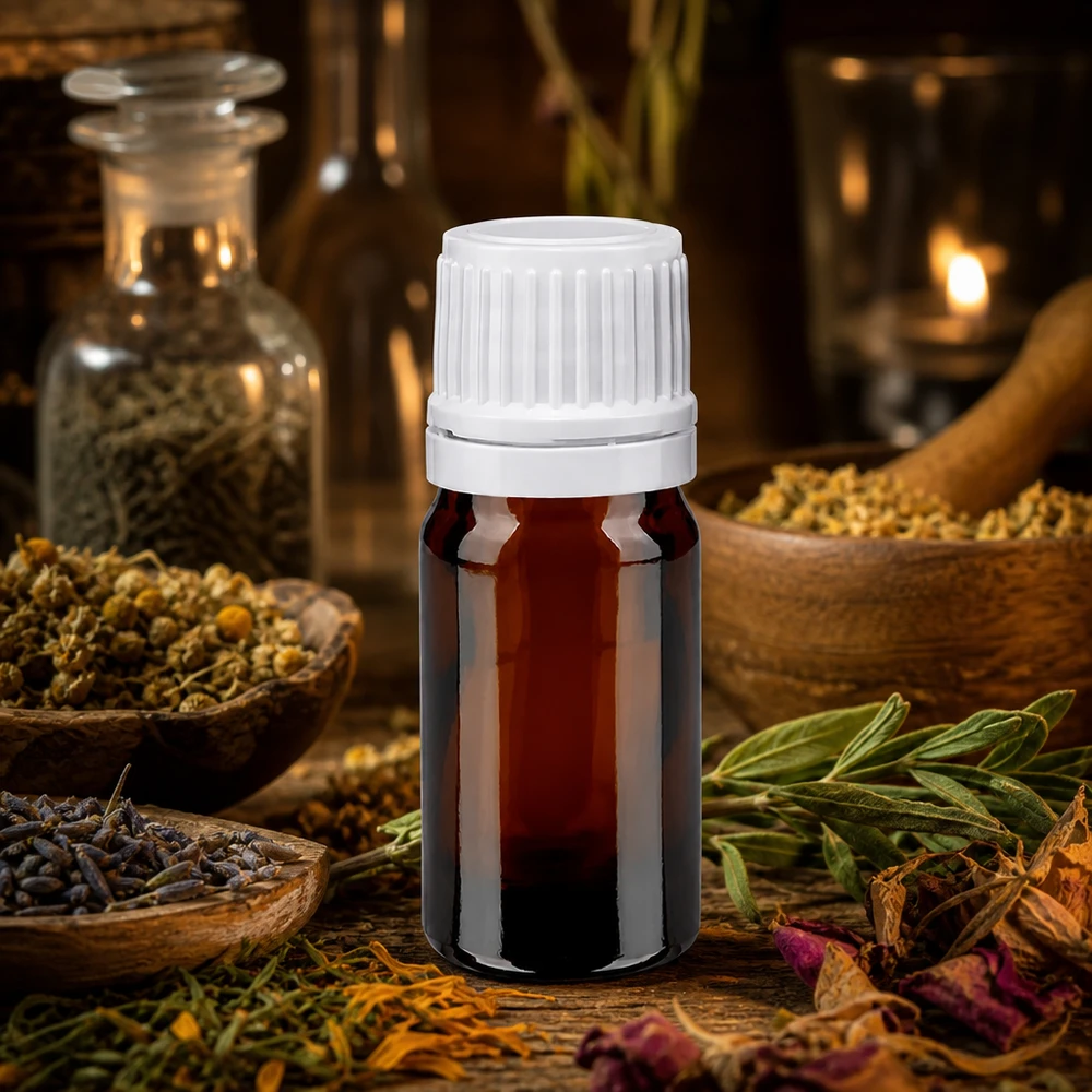 Apothekersflesje van bruin glas, 5 ml, met witte OV-sluiting, voor het bewaren van verse en gedroogde geneeskrachtige kruiden