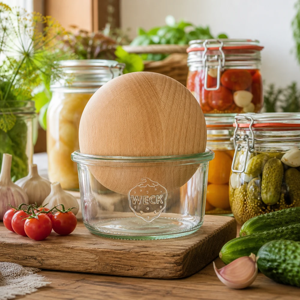 WECK RR80 165ml mason jar met beukenhouten bol in een rustieke keuken tussen inmaakpotten en verse groenten