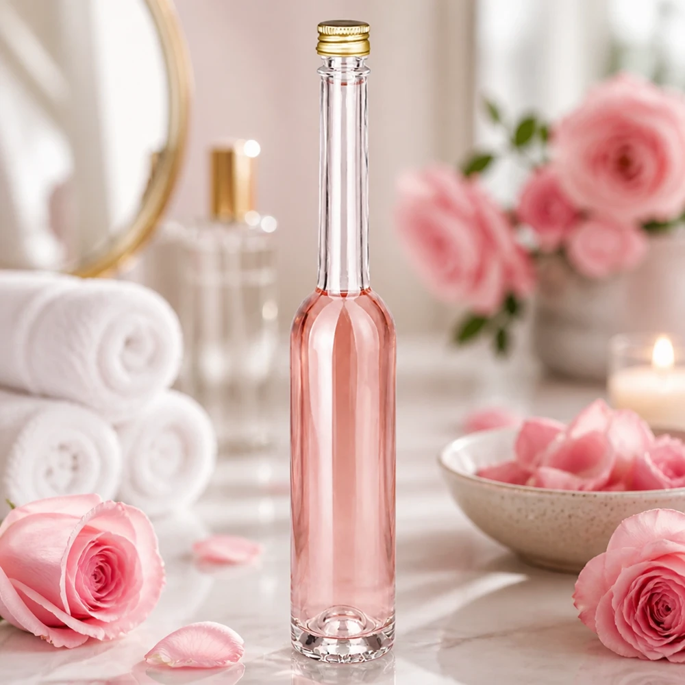 100ml Toni glazen fles met roze gekleurde vloeistof in een wellness spa sfeer - UNiTWIST gouden dop tussen rozen