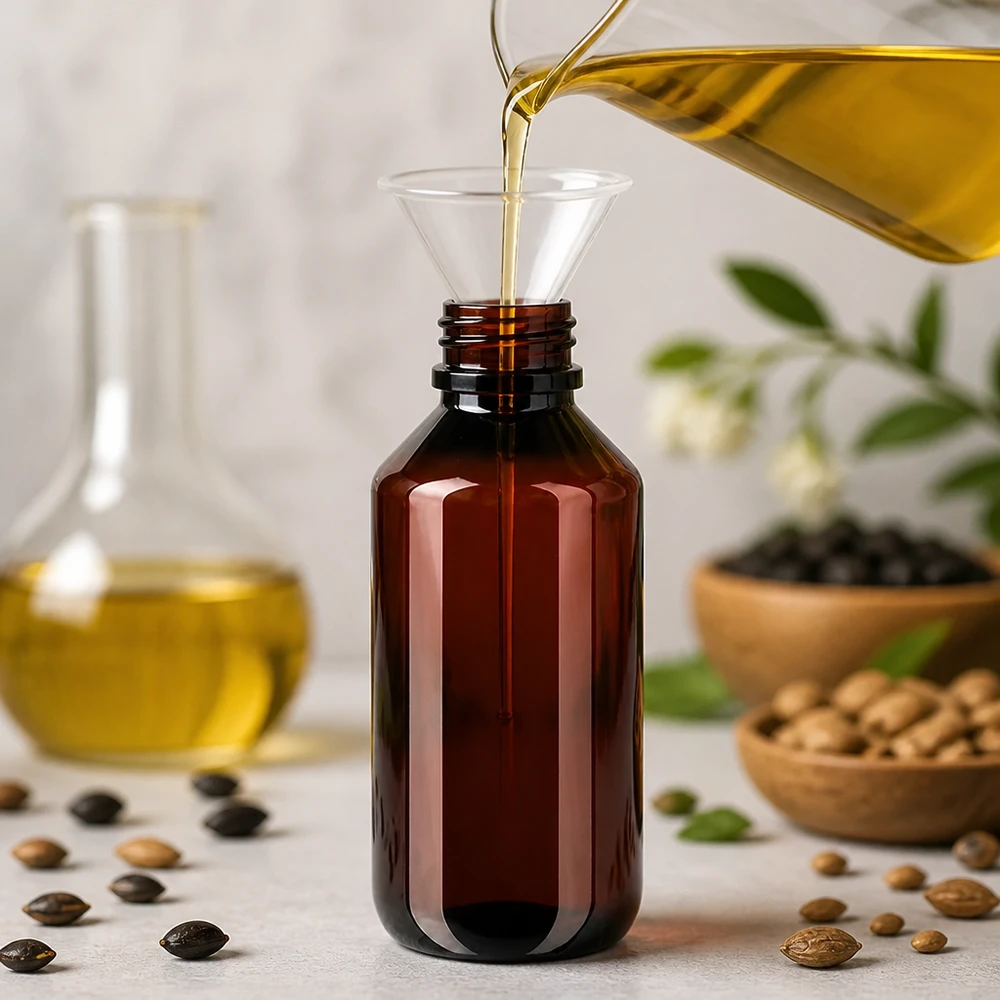 50 ml PET medicijnfles met verstuiver zwart GCMI 28/410 incl. dop transparant, standaard Kleine doseerfles van 200 ml van PET-kunststof met een rode schroefdop en een OV-beveiliging