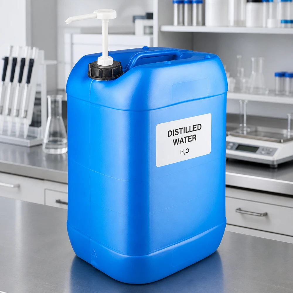 Blauwe HDPE-kan van 25 liter met schroefdop en doseerpomp voor laboratoriumtoepassingen
